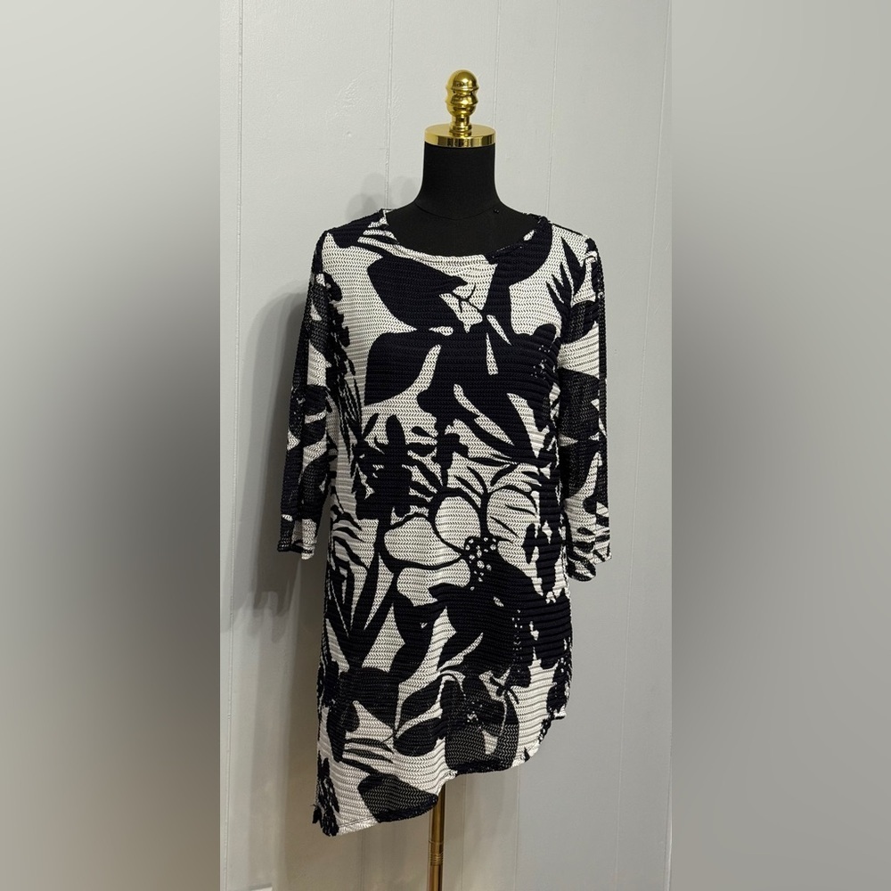#1) Travelers by Chico's Monochrome Floral Blouse with Stretch and See through